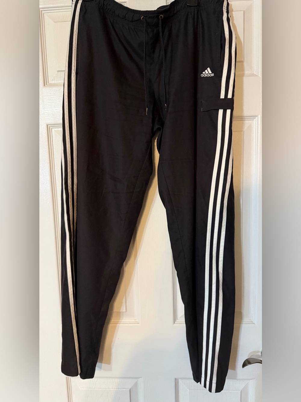 Adidas Sweat Pants- Sz LG - Black Polyester 3 white stripes